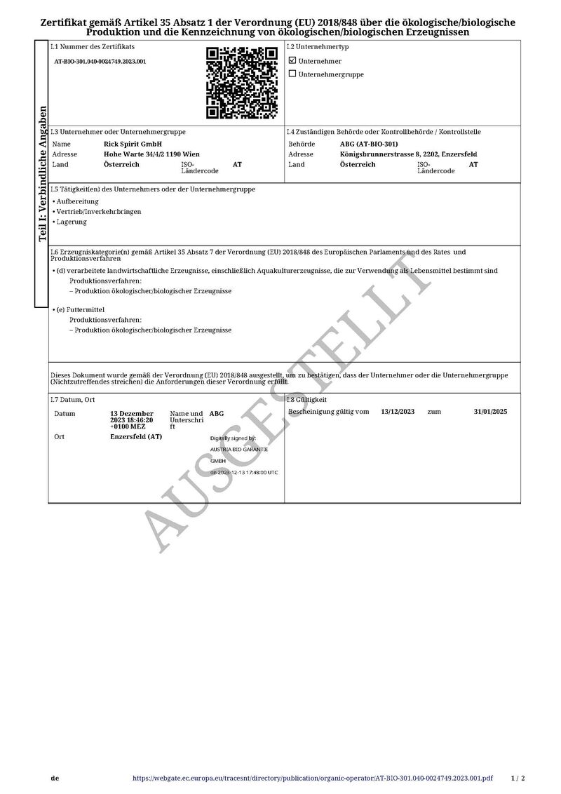 Rick Brave BIO Gin 47% vol. 0,05l Miniatur