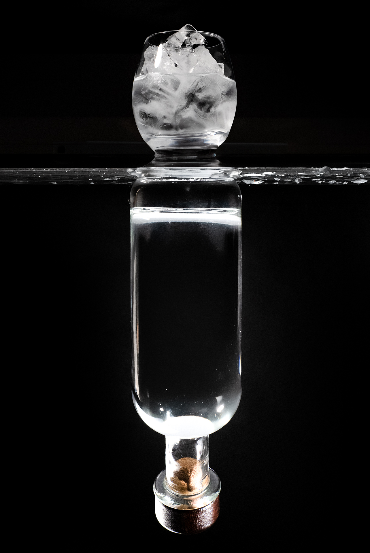 Vodka Flasche und Glas mit Eiswürfel