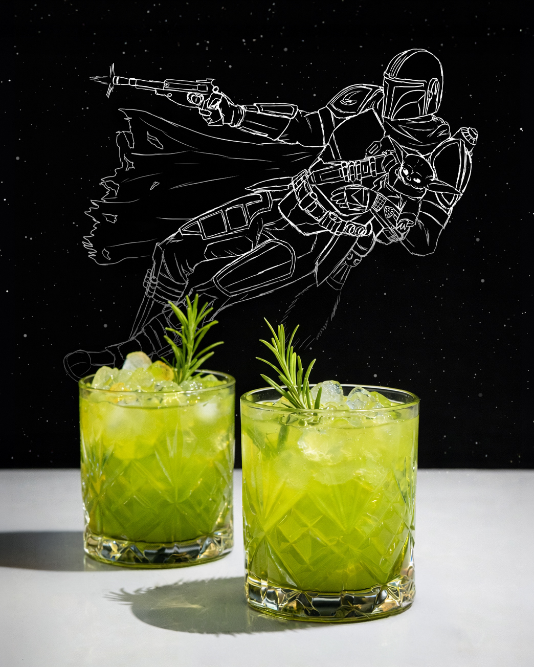 Zwei Cocktailgläser mit Dagoubah Slug Slinger Cocktail und Illustration von Mandalorian und Grogu.