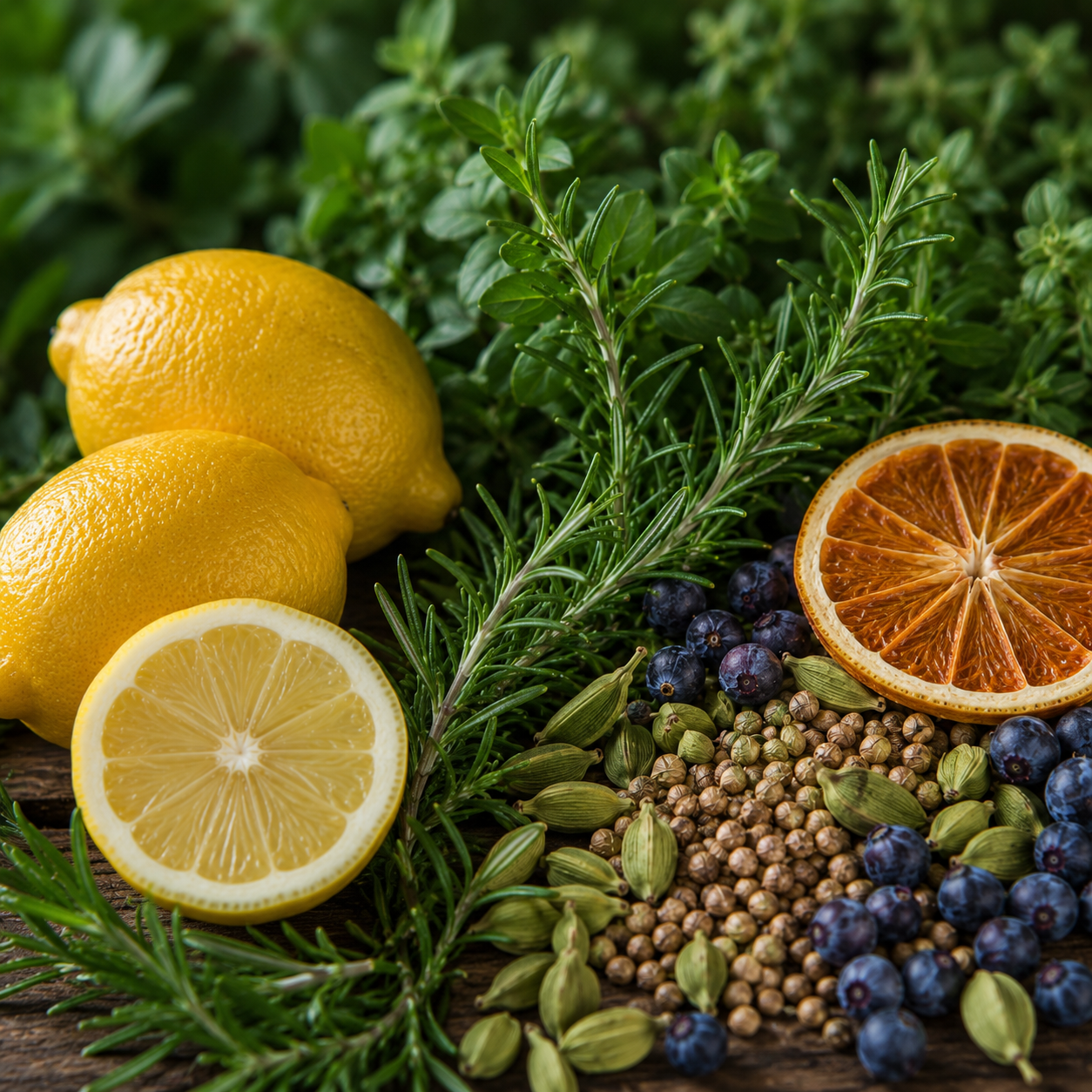Ein Bild mit verschiedenen Botanicals wie Zitronen, Orangen, Koriander, etc.