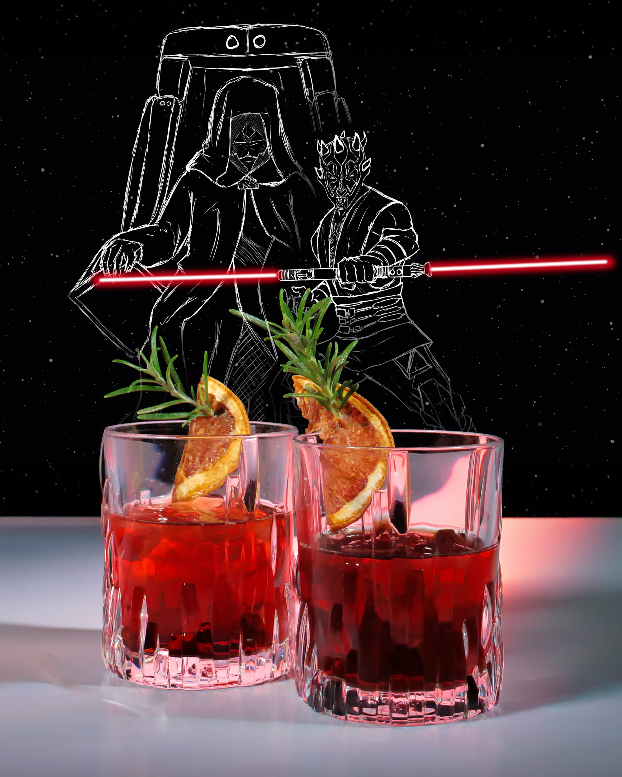 Zwei Cocktailgläser mit Coruscant Cooler Cocktail und Illustration von Darth Sidious und Darth Maul.