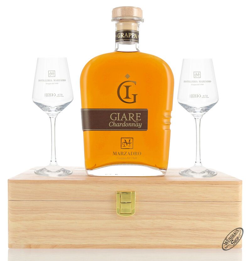 Marzadro Grappa Le Giare Chardonnay mit 2 Gläsern 45% vol. 0,70l
