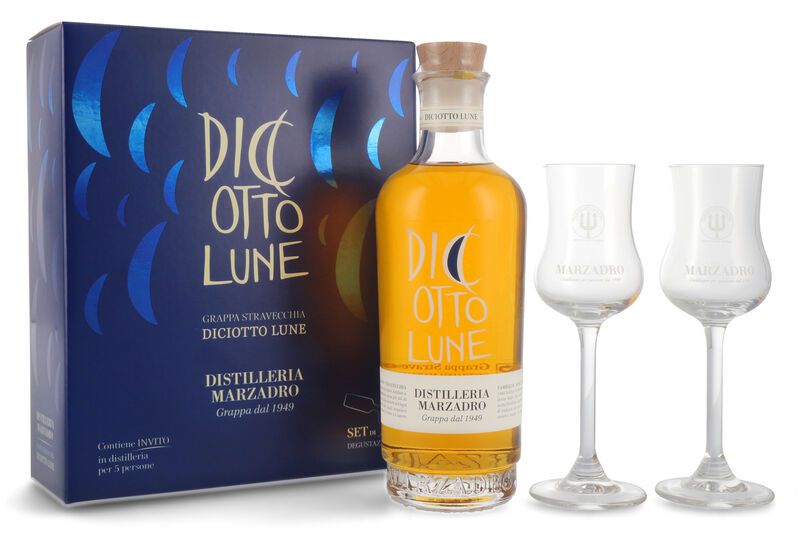 Marzadro Grappa Le Dic'otto Lune Geschenk-Set 41% vol. 0,50l Marzadro Grappa Le Dic'otto Lune Geschenk-Set 41% vol. 0,50l