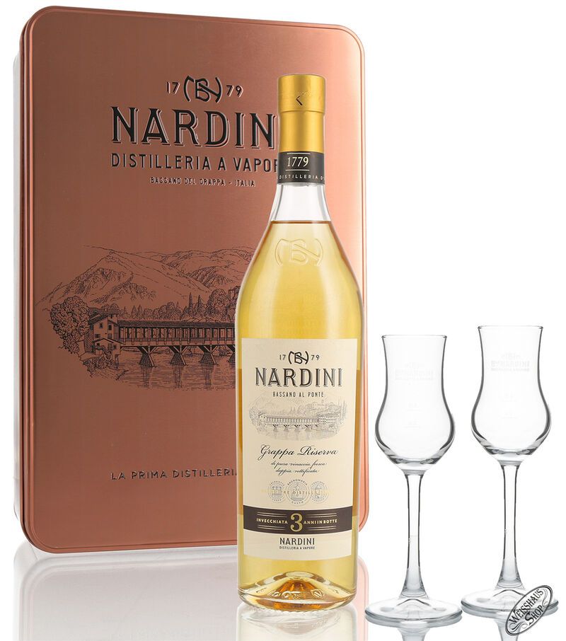 Nardini Grappa Riserva 3 anni Geschenk-Set 50% vol. 0,70l Nardini Grappa Riserva 3 anni Geschenk-Set 50% vol. 0,70l